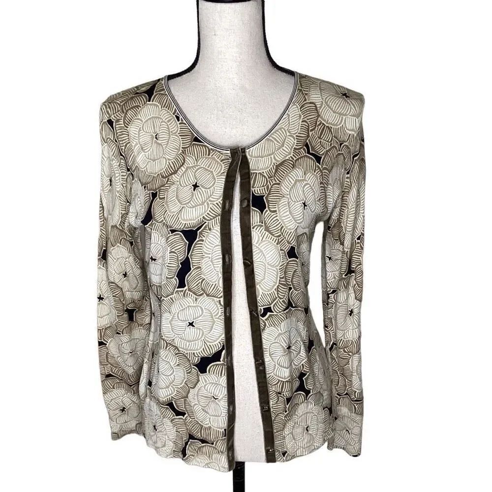 Sigrid Olsen Women’s Tan and Black Floral Long Sleeve Cardigan Sweater Size S